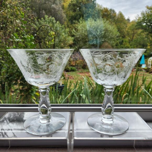 Heather Etch Glasses Set of 2 Champagne Coupe Footed by Fostoria Glass 1950s VTG - Picture 1 of 8